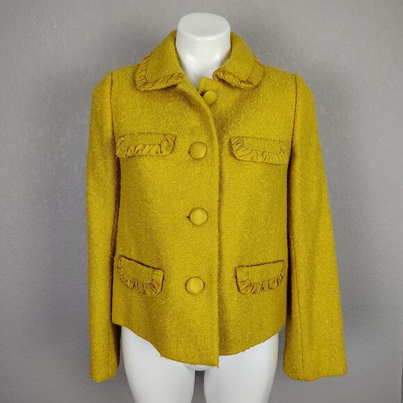 J.Crew Fall 2009 Ruffle-Trim Wool Blend Bouclé Lady Jacket Mustard NWT Sz 4 - Picture 2 of 13
